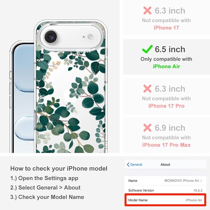 MOSNOVO for iPhone Air Case | Military Grade 6.6ft Drop Tested | Camera Control | Clear with Eucalyptus Design