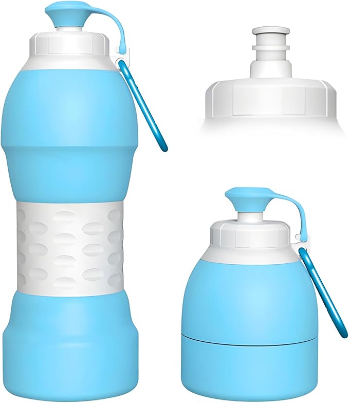 Collapsible Lightweight 20oz Water Bottle, Food-Grade Silicone BPA Free, Foldable Portable Leak Proof Office Travel Cycling Sports Outdoor Water Bottle with Vertical Hook (blue, long nozzle)