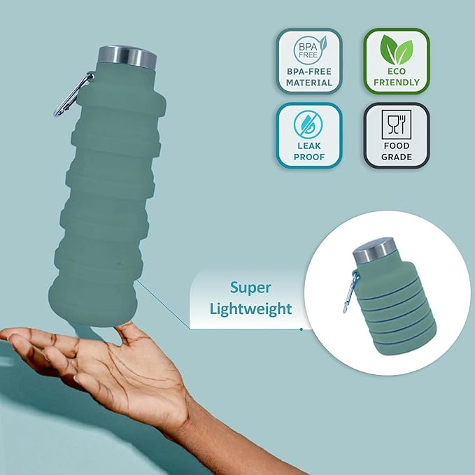 Collapsible Water Bottles 17oz, Odorless BPA-Free Silicone, Leak-Proof Foldable Reusable Bottle - Perfect for Travel Sports Gym Hiking Camping Cycling - Light Taupe