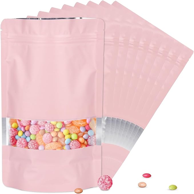 5.9"x8.6" 120pcs Mylar Bags for Food Storage,Smell Proof Bag with Matte Window Resealable Food Storage Bags for Small Business, Stand-up Foil Pouch Packaging Freeze Dried Candy Bag(Pink)