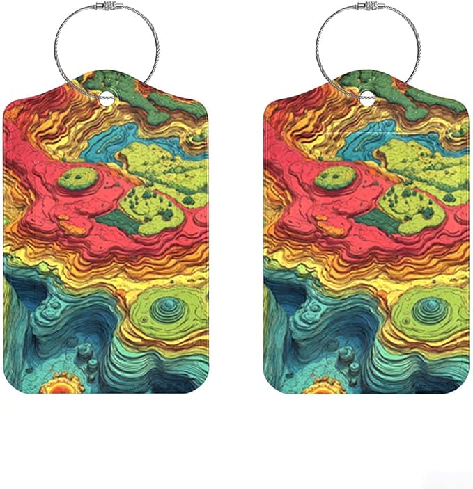 2Pcs Topographic Art Luggage Tags for Suitcases, 2.83x4.53 Abstract Map ID Labels with Privacy Cover, Colorful Layered Style Bag Tags for Backpacks, Travel Essentials for Men & Women, 2 Pack