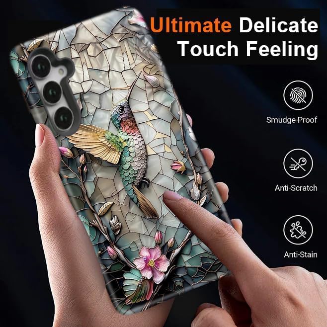 Compatible for Samsung Galaxy A57 5G Case, Dual Layer Heavy Duty 2 in 1 Shockproof Protective Phone Case,Stained Glass Hummingbird Floral