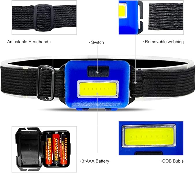 8 Pack Led Headlamp for Adults and Kids, 1.1oz/31g COB Flood Light Ultra Bright Head Lamp with 3 Modes 24 AAA Batteries, Waterproof Work Flashlight for Family Camping Running Reading Hiking