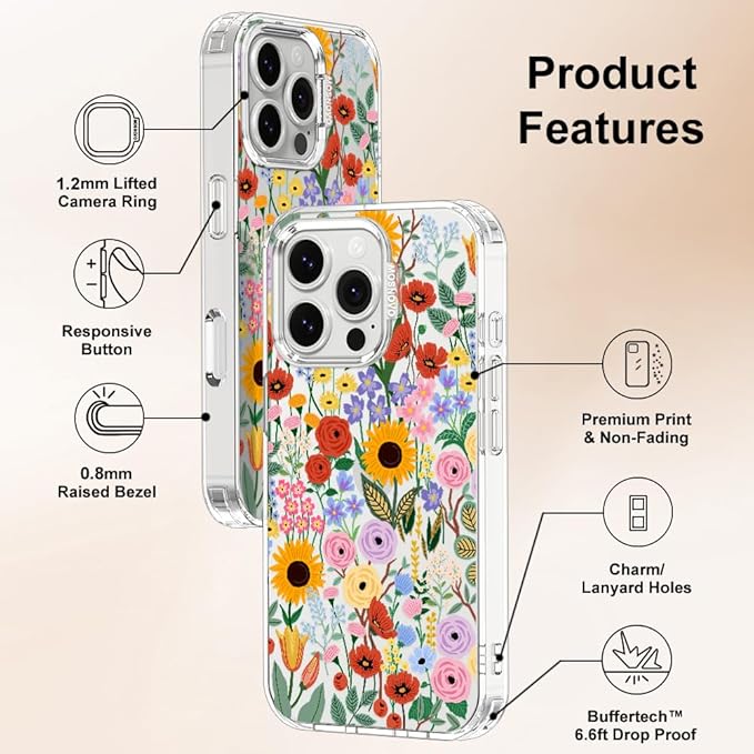 MOSNOVO Case for iPhone 16 Pro, [Buffertech 6.6ft Military-Grade Drop Protection] [Anti Peel Off Tech] Clear TPU Bumper Phone Case Cover Design - Blossom & Bloom