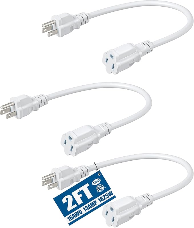 DEWENWILS 3-Pack 2FT Heavy Duty Extension Cord, 16 AWG SJTW Weatherproof Power Cable for Indoor, 3-Prong Grounded Plug for Holiday Decor/Home/Garden, ETL Listed, White