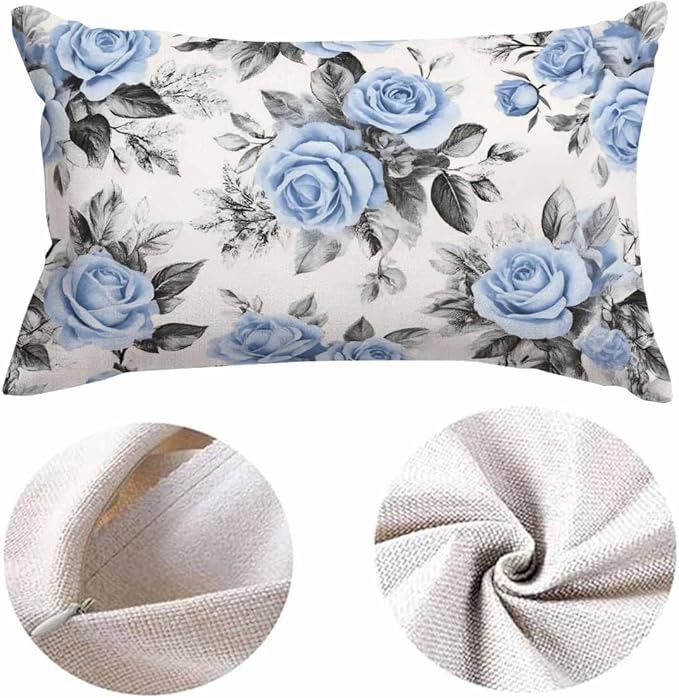 EKOBLA Farmhouse Throw Pillow Covers Blue Flowers Leaves Watercolor Floral Pattern Ink Painting Home Decorative Waist Lumber Cotton Linen Pillowcases Oblong Rectangle 12x20 Inches