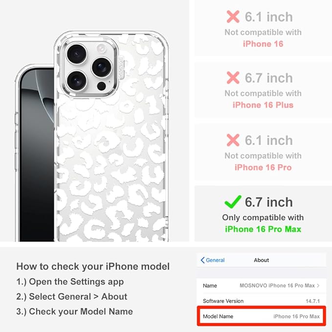MOSNOVO Case for iPhone 16 Pro Max, [Buffertech 6.6ft Military-Grade Drop Protection] [Anti Peel Off Tech] Clear TPU Bumper Phone Case Cover Design - White Leopard Print