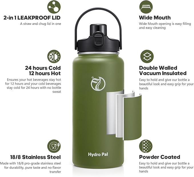 64oz Half Gallon Insulated Water Bottle with 2-in-1 Lid (Chug & Straw), Double Walled Vacuum Stainless Steel Water Bottles, Wide Mouth Leakproof Insulated Jug with Straw