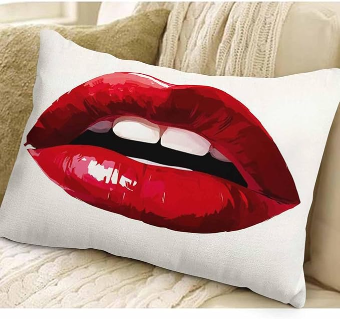 EKOBLA Sexy Biting Lips Farmhouse Oblong Rectangle Throw Pillow Covers Woman Red Lipstick Makeup Beauty Square Decorative Cushion Case for Couch Sofa Chair Bed Cotton Linen 12x20 Inch