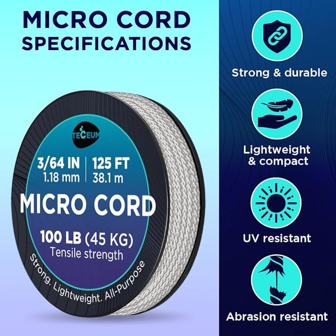TECEUM Micro Paracord – 1.18 mm X 125 ft – Micro Utility Cord – Thin Braided Paracord Rope – Best for Crafting, DIY Projects, Fishing, Camping – Wind Chime Replacement – Survival Strong String