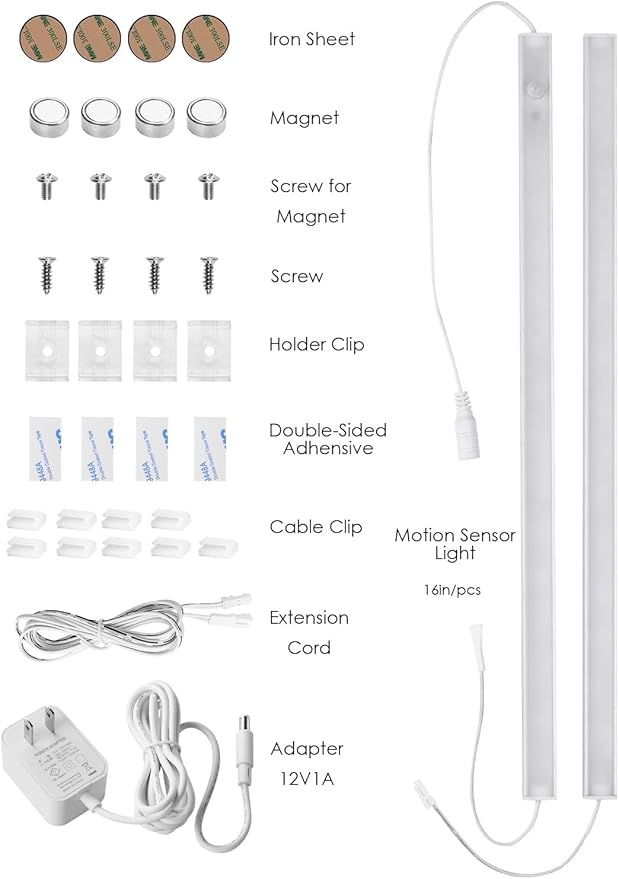 Under Cabinet Motion Sensor Lighting Indoor Plug in, 16" 12V LED Under Counter Lights Super Bright Ultra Thin Magnetic for Kitchen/Hallway/Toilet/Garage/Closet(Cold White/6000K, 2 Pack)
