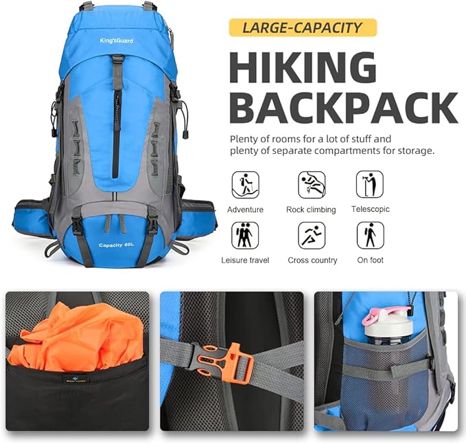 King'sGuard 60L Hiking Backpack for Men and Women Lightweight Camping Hiking Backpack with Rain Cover Large Waterproof Travel Backpack Backpacking Pack (Blue)