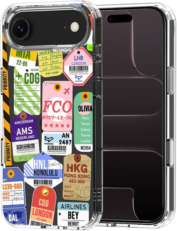 MOSNOVO for iPhone Air Case | Military Grade 6.6ft Drop Tested | Camera Control | Clear with Air Ticket Labels Design