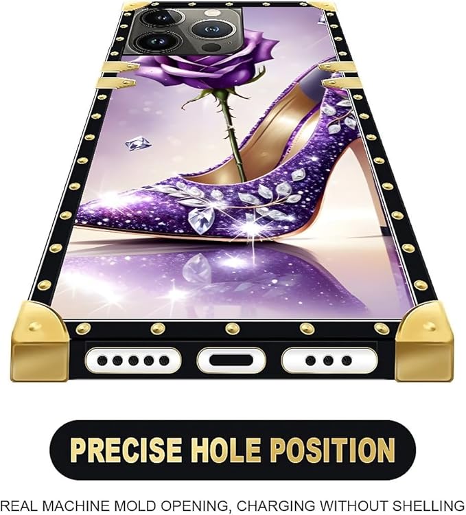 Compatible with iPhone 15 Pro Case, High Heeled Purple Diamond Rose Luxury Golden Decoration for Girl Women Soft TPU Shockproof Protective Hard PC Back for iPhone 15 Pro