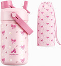 12 oz Insulated Water Bottle for Girls: 2-in-1 Straw Spout Lid, Leakproof, BPA-Free, Easy Carry, Keep Cold 24H, Cute Patterns, Kids Stainless Steel Cup for School, Travel, Holiday Gift (Bow Crush)