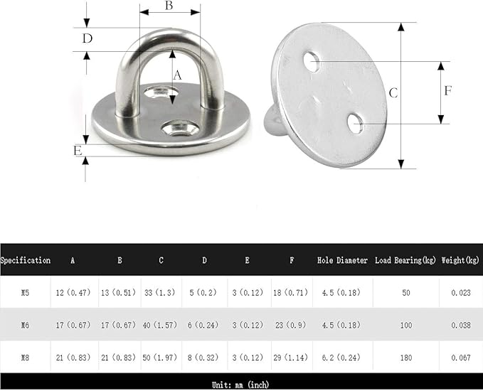 heyous 2 Set M8 Suspension Ceiling Wall Mount U Hook Anchor Hanger Stainless Steel Heavy Duty Multi Purpose Hammock Swing Ceiling Hook Round Base Plate with Snap Hook