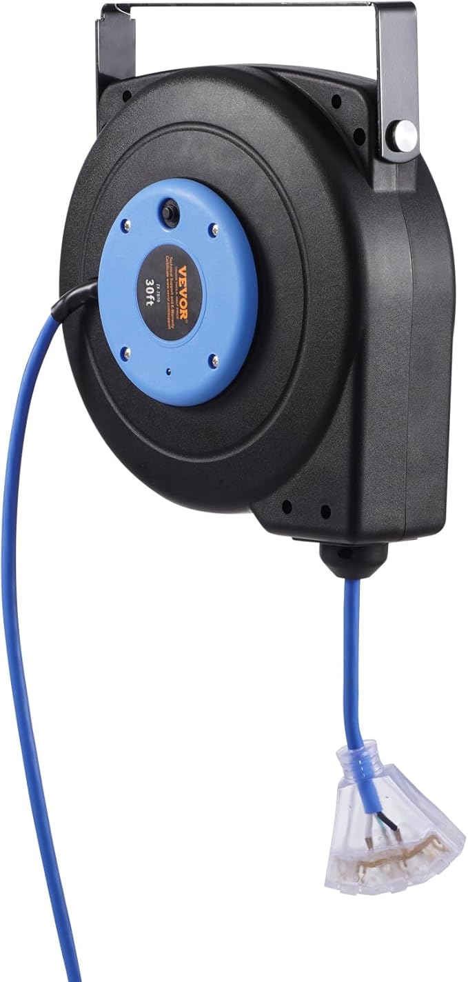 VEVOR Retractable Extension Cord Reel, 30 FT, Heavy Duty 16AWG/3C SJTOW Retractable Power Cord Reel with Lighted Triple Tap Outlet 10 Amp Circuit Breaker, for Ceiling or Wall Mount, Blue