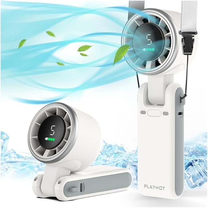 PlayHot Portable Handheld Turbo Fan, 5 Gear Wind, Battery Operated, Up to 12 Working Hours, 3 IN 1 Hand Fans with Air Turbo Tech Cooling Fan for Outdoor Activities, Travel, Beach (White)