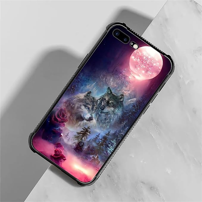 for iPhone 7/8 Case, Star Two Wolfs Howling Pattern Graphic Design Girl Boy Soft Silicone Hard Acrylic Shock Protection for iPhone 7/8