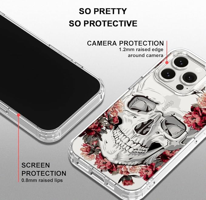 MOSNOVO Case for iPhone 15 Pro Max, [Buffertech 6.6ft Military-Grade Drop Protection] [Anti Peel Off Tech] Clear TPU Bumper Phone Case Cover Design - Red Flower Skull