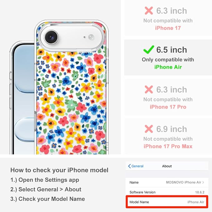 MOSNOVO for iPhone Air Case | Military Grade 6.6ft Drop Tested | Camera Control | Clear with Little Flowers Design