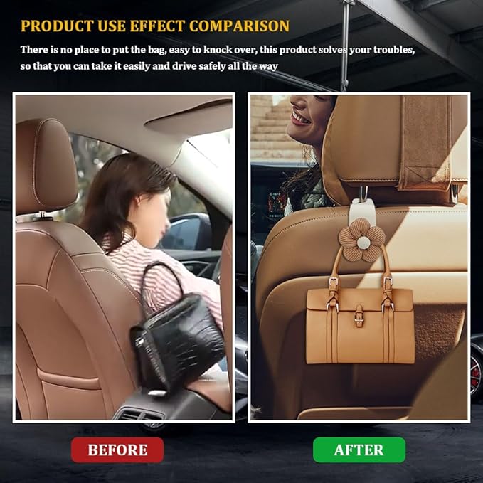 4PCS Car Hooks for Purses and Bags, Flower Car Headrest Hook, Car Purse Hook Hanger, Car Accessories Multipurpose Back Seat Hanger Storage Organize Universal for Most Cars (4PCS-White Flower)