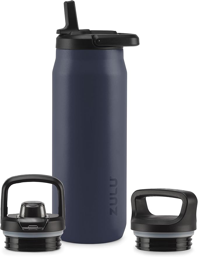 ZULU Base 32oz Stainless Steel Water Bottle with 3 Lids- Straw, Chug, Twist | Double Walled and Vacuum Insulated Metal Thermos | For Gym, Outdoor | Built in Carry Loop, Dishwasher Safe, Navy