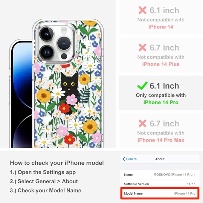 MOSNOVO Case for iPhone 14 Pro, [Buffertech 6.6ft Military-Grade Drop Protection] [Anti Peel Off Tech] Clear TPU Bumper Phone Case Cover Design - Black Cat in Garden