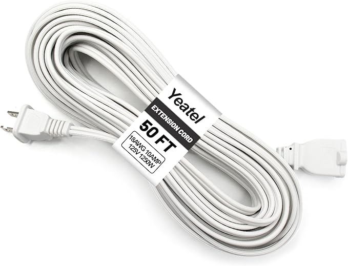 50 ft Extension Cord,2 Prong Indoor Power Cord,18AWG SPT-2 Flat Cord Design for Home, Garden, Workshop,Light Duty White 50 Foot Extension Cable
