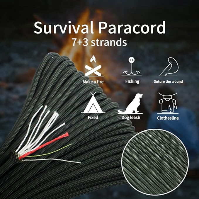 PSKOOK Survival Paracord Parachute Fire Cord Survival Ropes Red Tinder Cord PE Fishing Line Cotton Thread 7 Strands Outdoor 20, 25, 100 Feet