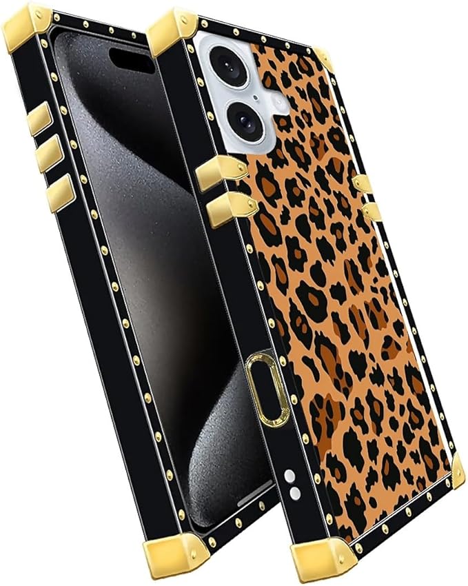 Compatible with iPhone 16 Plus Case, Brown Leopard Texture Luxury Golden Decoration for Girl Women Soft TPU Shockproof Protective Hard PC Back