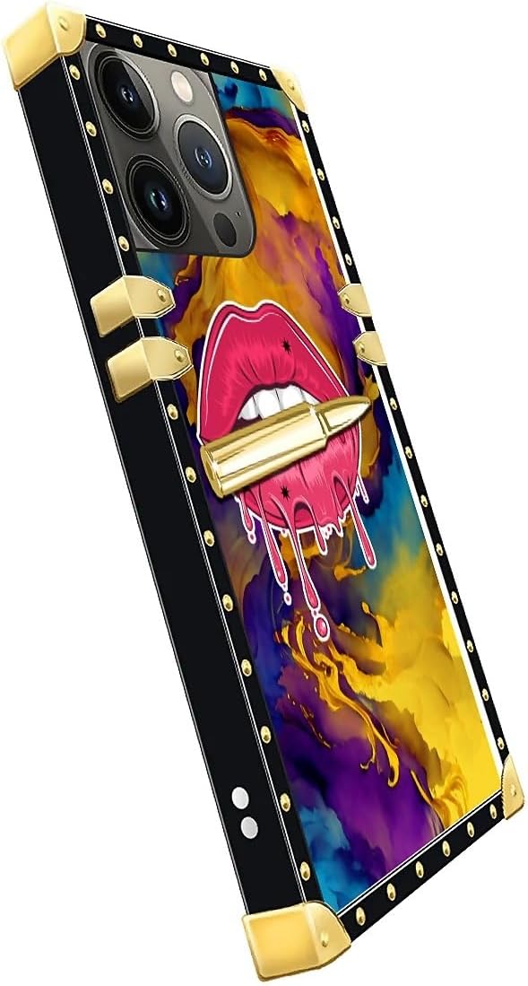 Compatible with iPhone 14 Pro Max Case, Cool Corlorful Lip Marble Luxury Golden Decoration for Girl Women Soft TPU Shockproof Protective Hard PC Back for iPhone 14 Pro Max