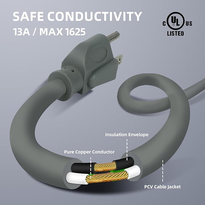 EP 25 Ft Outdoor Extension Cord - 16/3 SJTW Gray Electrical Cable with 3 Prong Grounded Plug