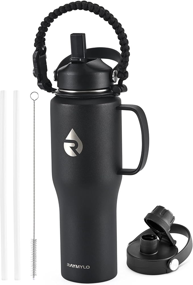 RAYMYLO 32oz Stainless Steel Water Bottle (Cold for 48 Hrs, Hot for 24 Hrs), Triple Wall Vacuum Insulated Water Bottle with Straw Lid, Spout Lid and Paracord Handle, Leakproof, Fit in Any Car Cup