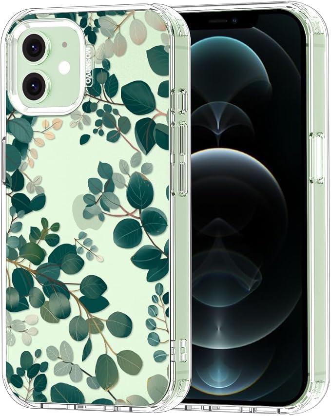MOSNOVO Case for iPhone 12 & iPhone 12 Pro, [Buffertech 6.6ft Military-Grade Drop Protection] [Anti Peel Off Tech] Clear TPU Bumper Phone Case Cover Design - Eucalyptus
