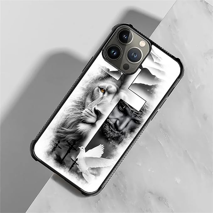 for iPhone 15 Pro Case, Lion Cross Jesus Christ Dove Pattern Graphic Design Girl Boy Soft Silicone Hard Acrylic Shock Protection for iPhone 15 Pro