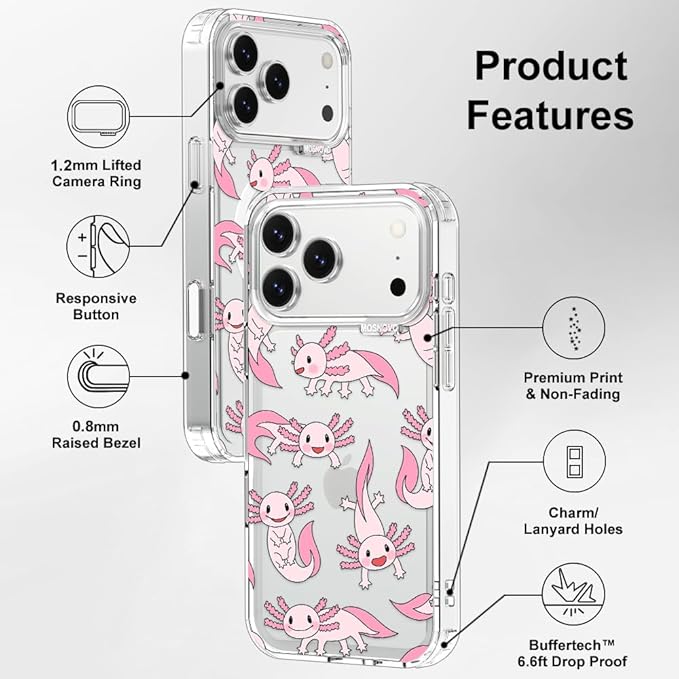 MOSNOVO for iPhone 17 Pro Max Case | Military Grade 6.6ft Drop Tested | Camera Control | Clear with Pink Axolotl Design