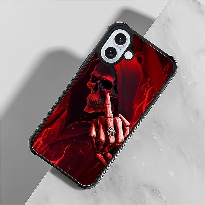 for iPhone 16 Plus Case, Gestures Funny Skull Pattern Graphic Design Girl Boy Soft Silicone Hard Acrylic Shock Protection for iPhone 16 Plus