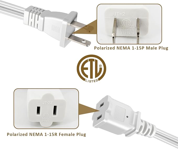 25 FT 2 Prong Extension Cord, 18AWG SPT-2 Indoor Male to Female Power Cord ETL Listed Extra Long Extension Cords, Flexible & Thin Design for Home Office Use, 10A 1250W, Polarized Plug, White