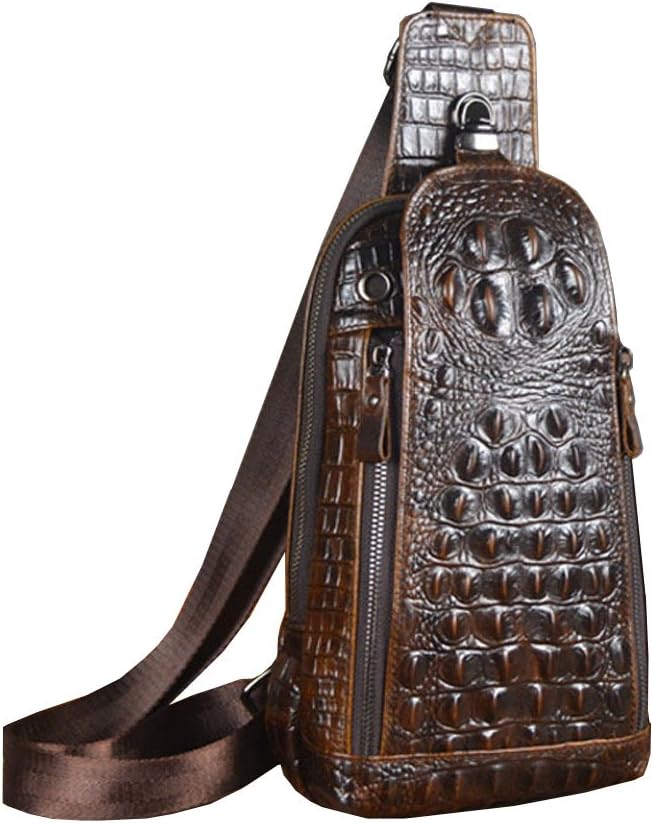 Hebetag Crocodile Genuine Leather Sling Bag Backpack for Men Travel Outdoor Hunting Hiking Camping Crossbody Shoulder Chest Pack Daypack Coffee