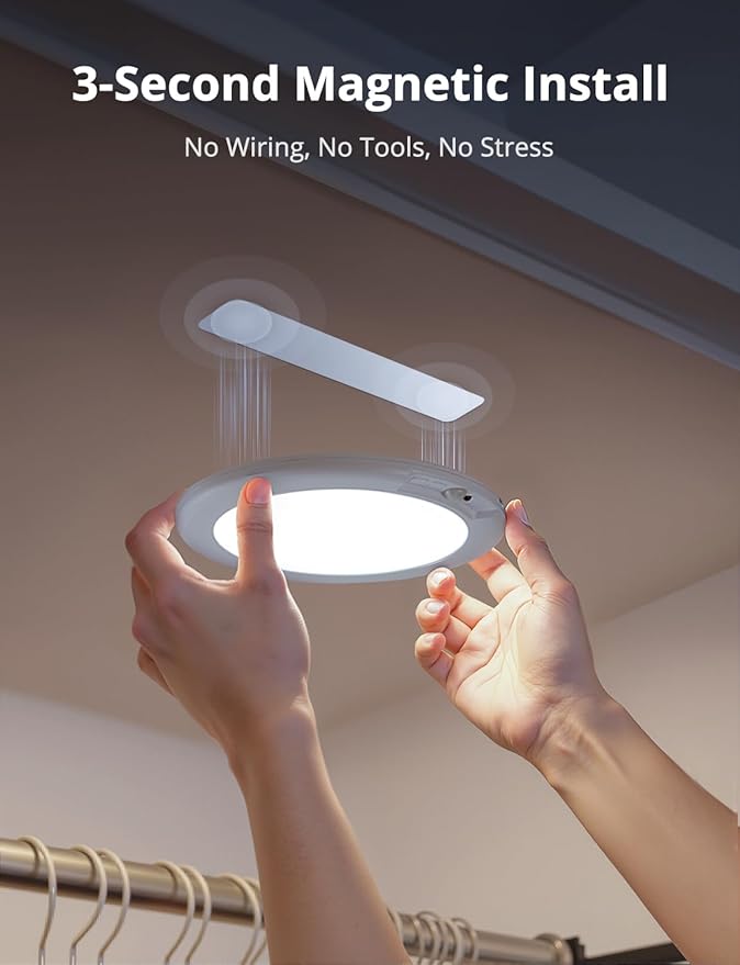 Combuh 4-Pack Battery Powered Motion Sensor Light, 7.48" IP44 Waterproof Shower Lamp Without Wiring, Ultra Thin 3 Colors Adhesive Overhead Lightting for Garage, Bedroom, Kitchen, Portable