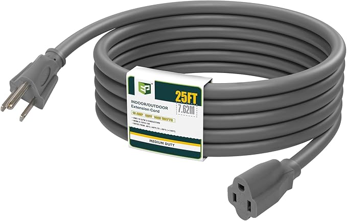 EP 25 Ft Outdoor Extension Cord - 16/3 SJTW Gray Electrical Cable with 3 Prong Grounded Plug
