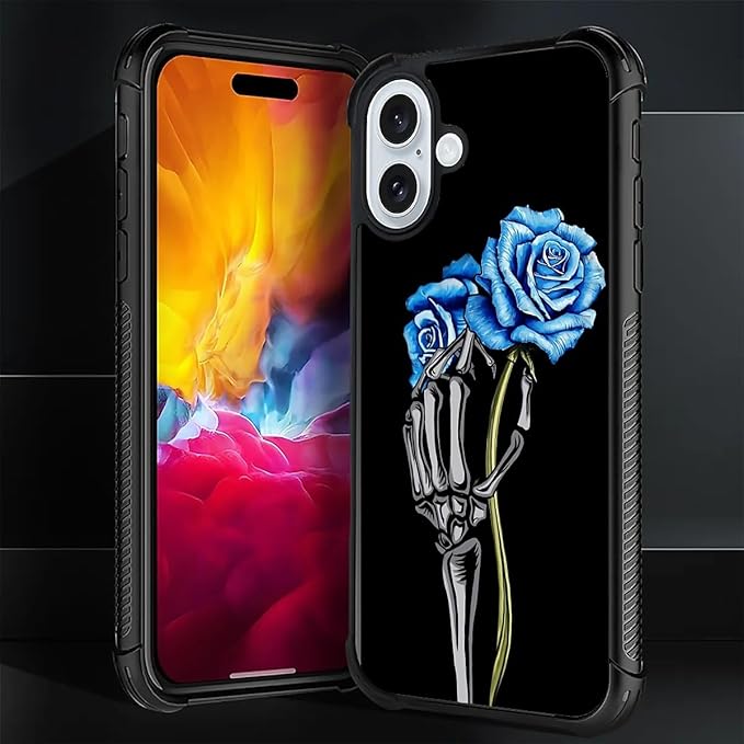 for iPhone 16 Case, Skeleton Holding Blue Rose Pattern Graphic Design Girl Boy Soft Silicone Hard Acrylic Shock Protection for iPhone 16