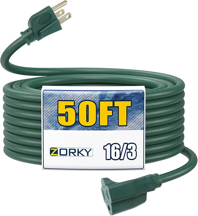 50ft Outdoor Extension Cord for Christmas Decorations- 16/3 Heavy Duty SJTW Waterproof Green Electrical Cable with 3 Prong Grounded Plug for Safety, Great for Lawn and Major Appliances