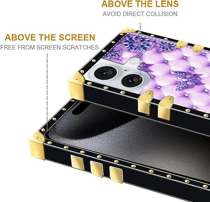 Compatible with iPhone 16 Plus Case, Purple Butterfly Flowers Leaf Luxury Golden Decoration for Girl Women Soft TPU Shockproof Protective Hard PC Back