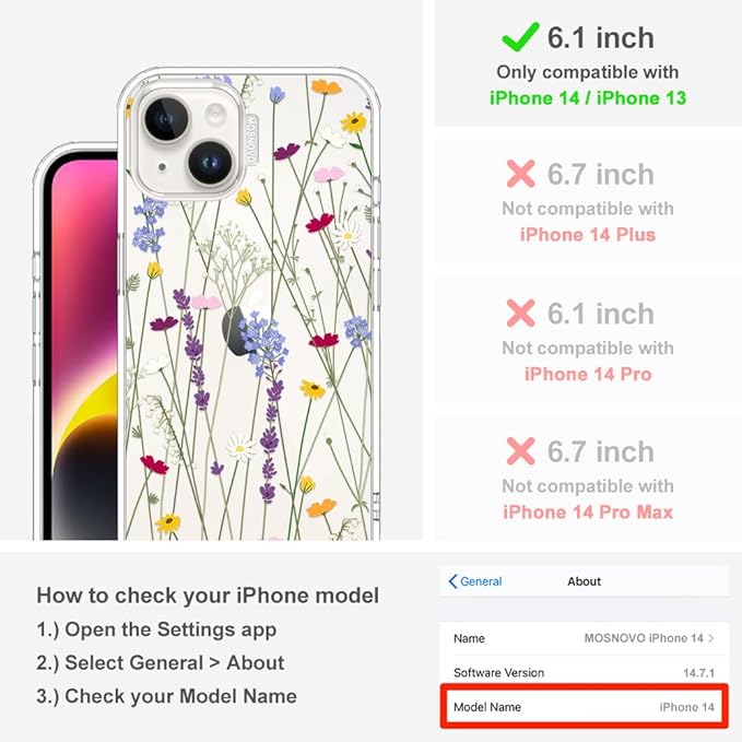 MOSNOVO for iPhone 13/14 Case | Military Grade 6.6ft Drop Tested | Clear with Floral Garden Design