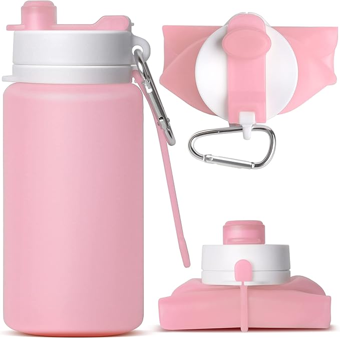 Collapsible Water Bottle, Portable Folding Bottle & Water Bottle with Clip for Backpack, Foldable Water Bottle BPA Free, Sport Bottle Water Squeeze Collapble Watterbottles (Pink)