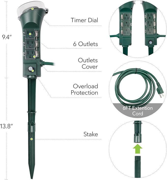 BN-LINK Outdoor Power Stake Timer with Mechanical, 6 Grounded Outlets - 6 ft Cord, Weatherproof for Outdoor Lamps Lights 1875W/15A ETL Listed