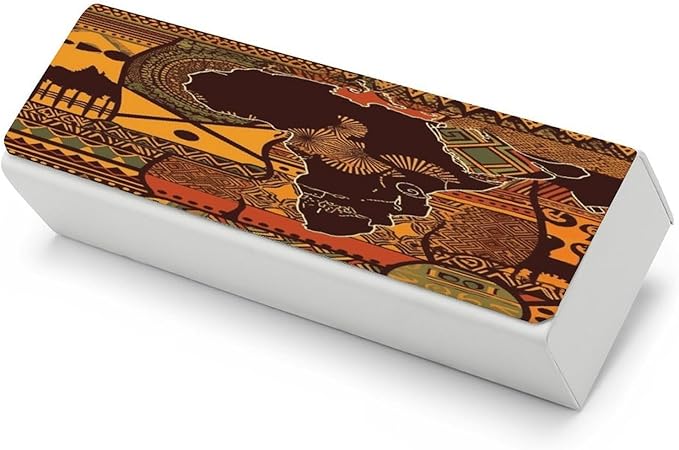 African Map Ethnic Pattern Eyeglass Case Spectacle Case Slim PU Leather Eyeglass Case for Men Women Lightweight Protective Eyewear Storage with Cleaning Cloth