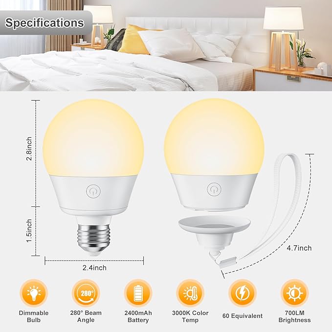 Brightown E26 Rechargeable Light Bulb with Remote and Timer, Battery Backup Bulb for Sconces and Lamps, E26 Detachable Charging for Non-Hardwired Fixture, 3 Color Temperatures + 9 RGB Colors, 4 Pack